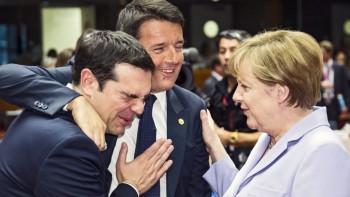 epa04818466 Greek Prime Minister Alexis Tsipras (L-R), Italian Prime Minister Matteo Renzi and German Chancellor Angela Merkel share a light moment during European heads of state and governments summit at the EU Council headquarters in Brussels, Belgium, 25 June 2015. The EU summit is expected to be dominated by the migration situation and Greece, plus Britain's renegotiation of EU membership. Greek Prime Minister Alexis Tsipras expressed confidence that a deal to avert bankruptcy for his country can still be found.  EPA/OLIVIER HOSLET  EPA/OLIVIER HOSLET