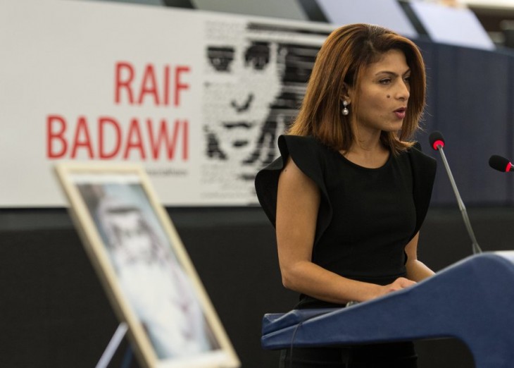epa05070924 Ensaf Haidar, wife of jailed Saudi blogger Raif Badawi, speaks in the European Parliament in Strasbourg, France, 16 December 2015. Raif Badawi, who is serving a prison term in Saudi Arabia for allegedly insulting Islam, was awarded the European Parliament's Sakharov Prize for Freedom of Thought on 16 December, due to exceptional courage which had earned him 'one of his country's most gruesome punishments,' parliament President Martin Schulz has said.  EPA/PATRICK SEEGER