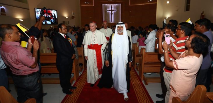 UAE minister for youth, culture and community development Sheikh Nahayan bin Mubarak Al-Nahayan (C-L) and Vatican Secretary of State, Cardinal Pietro Parolin (C-R) attend the opening ceremony of the second Catholic Church dedicated to St Paul in Abu Dhabis industrial district of Musaffah on June 11, 2015. AFP PHOTO / STR        (Photo credit should read STR/AFP/Getty Images)