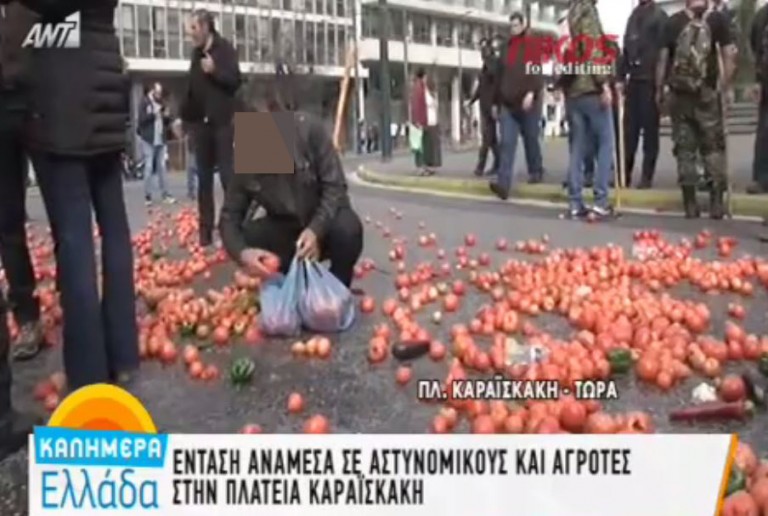 Εικόνα που συγκλονίζει. Μάζεψε τις ντομάτες που πέταξαν οι αγρότες στα ΜΑΤ