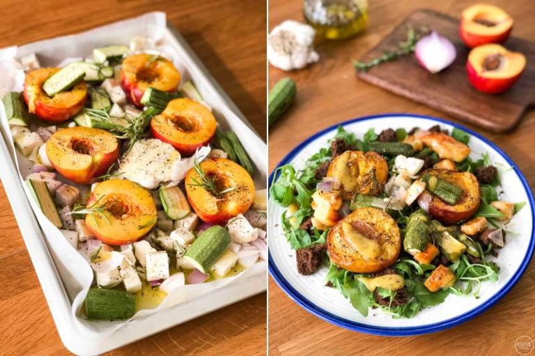 Σαλάτα αλητεία με ψητά νεκταρίνια, κολοκυθάκια και χαλούμι