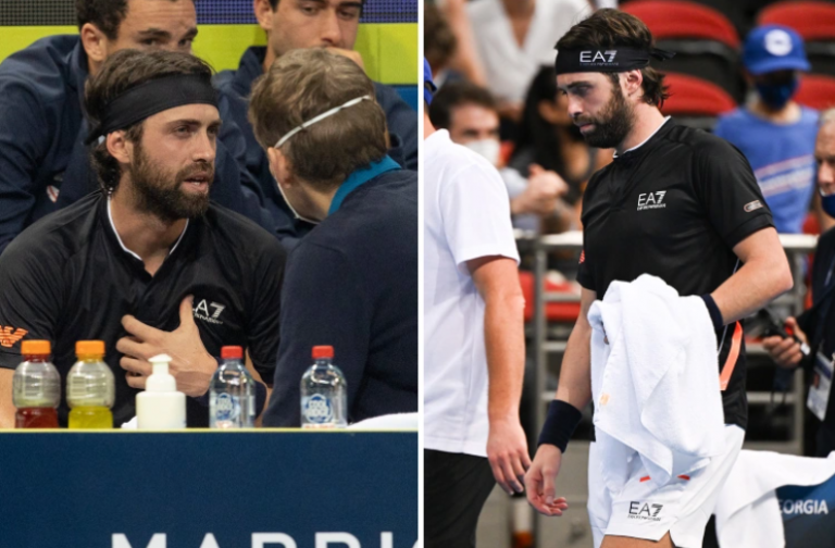 Ο εμβολιασμένος Nikoloz Basilashivili αναγκάσθηκε να διακόψει το παιχνίδι με τον Τσιτσιπά μετα απο πόνους στο στήθος και δυσκολία στην αναπνοή