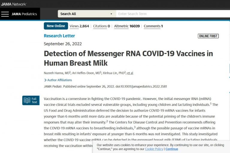 Νέα μελέτη κατέδειξε ότι εντοπίστηκαν ίχνη από ποσότητες mRNA του εμβολίου COVID στο μητρικό γάλα γυναικών που θηλάζουν