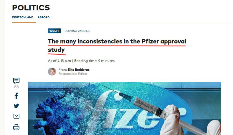 Η Γερμανική Die Welt κατακεραυνώνει τη Pfizer: Η έγκριση του εμβολίου mRNA της Biontech/Pfizer βασίστηκε σε εσφαλμένη τεκμηρίωση