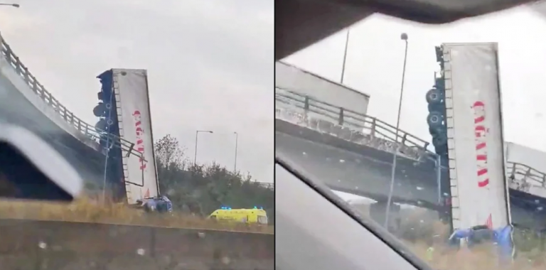 Νταλίκα έπεσε από γέφυρα στη Θεσσαλονίκη. Ο οδηγός βγήκε σώος. Συγκλονιστικές εικόνες από το σημείο…