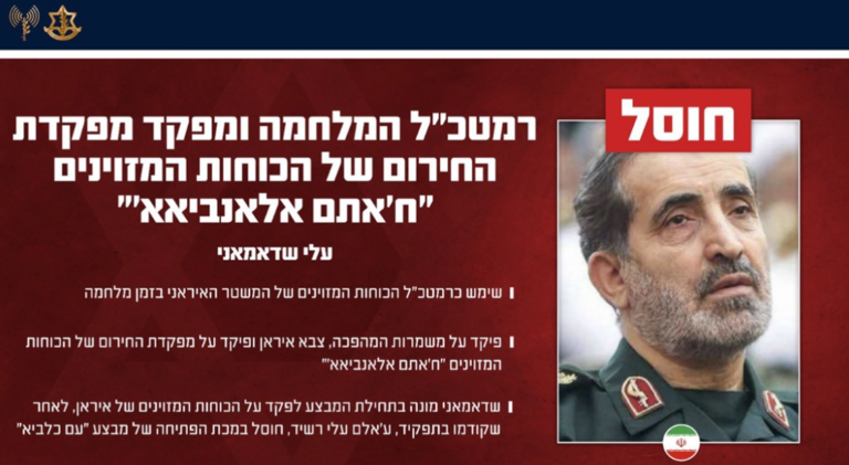 Tο Ισραήλ ανακοίνωσε ότι σκότωσε τον νέο επικεφαλής του πολεμικού στρατηγείου του Ιράν