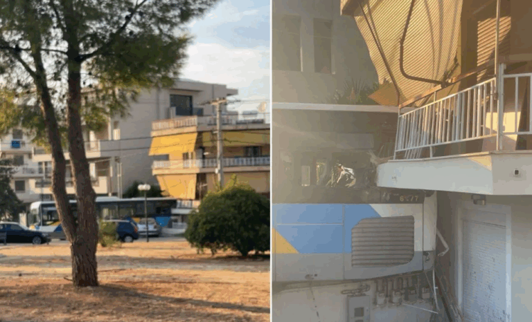 Επιχείρηση απομάκρυνσης με συρματόσχοινα, του λεωφορείου που έπεσε πάνω σε σπίτι στου Παπάγου