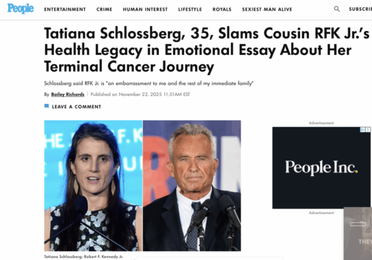 Η Tatiana Schlossberg, η 35χρονη εγγονή του JFK, απεκάλυψε ότι πεθαίνει. Διαγνώσθηκε με οξεία μυελογενή λευχαιμία. Η ίδια και η μητέρα της επέκριναν με σφοδρότητα τον Robert Kennedy Jr. ως αντιεμβολιαστή