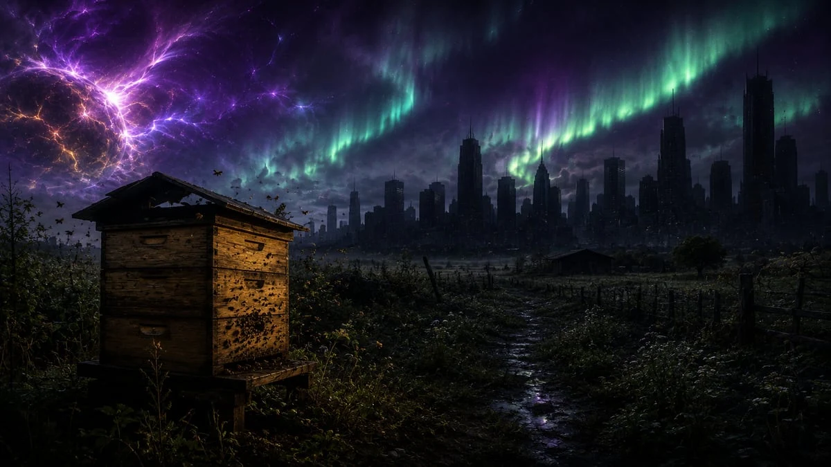 Κυψέλη μέλισσας σε σκοτεινή πόλη υπό το σέλας ηλιακής καταιγίδας
